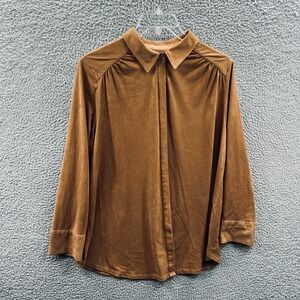 Chicos Womens Shirt 3 XL Brown Faux Suede Button Front Blouse Minimalist Career